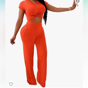 NWOT. Orange crop top high waist long pants 2 set piece. outfit with pockets